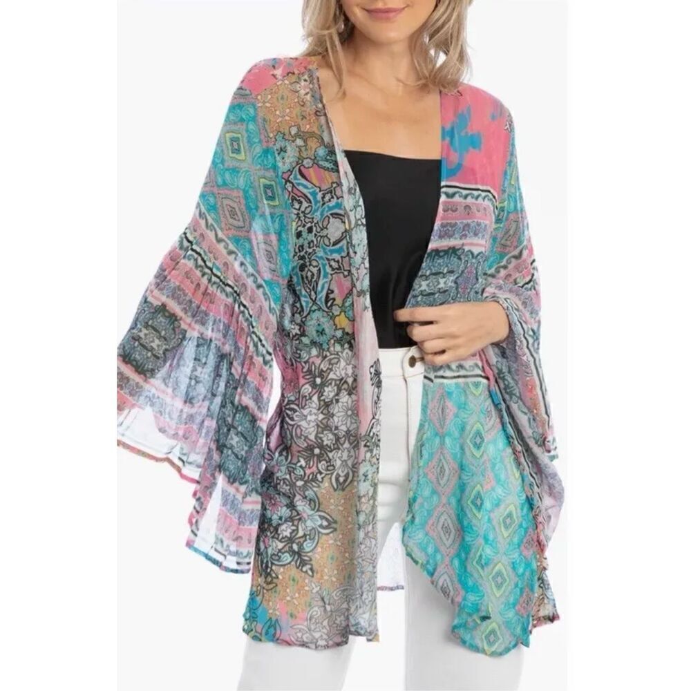 SAACHI‎ Ruffle Printed Open Kimono Blue, Pink One Size - Picture 3 of 12